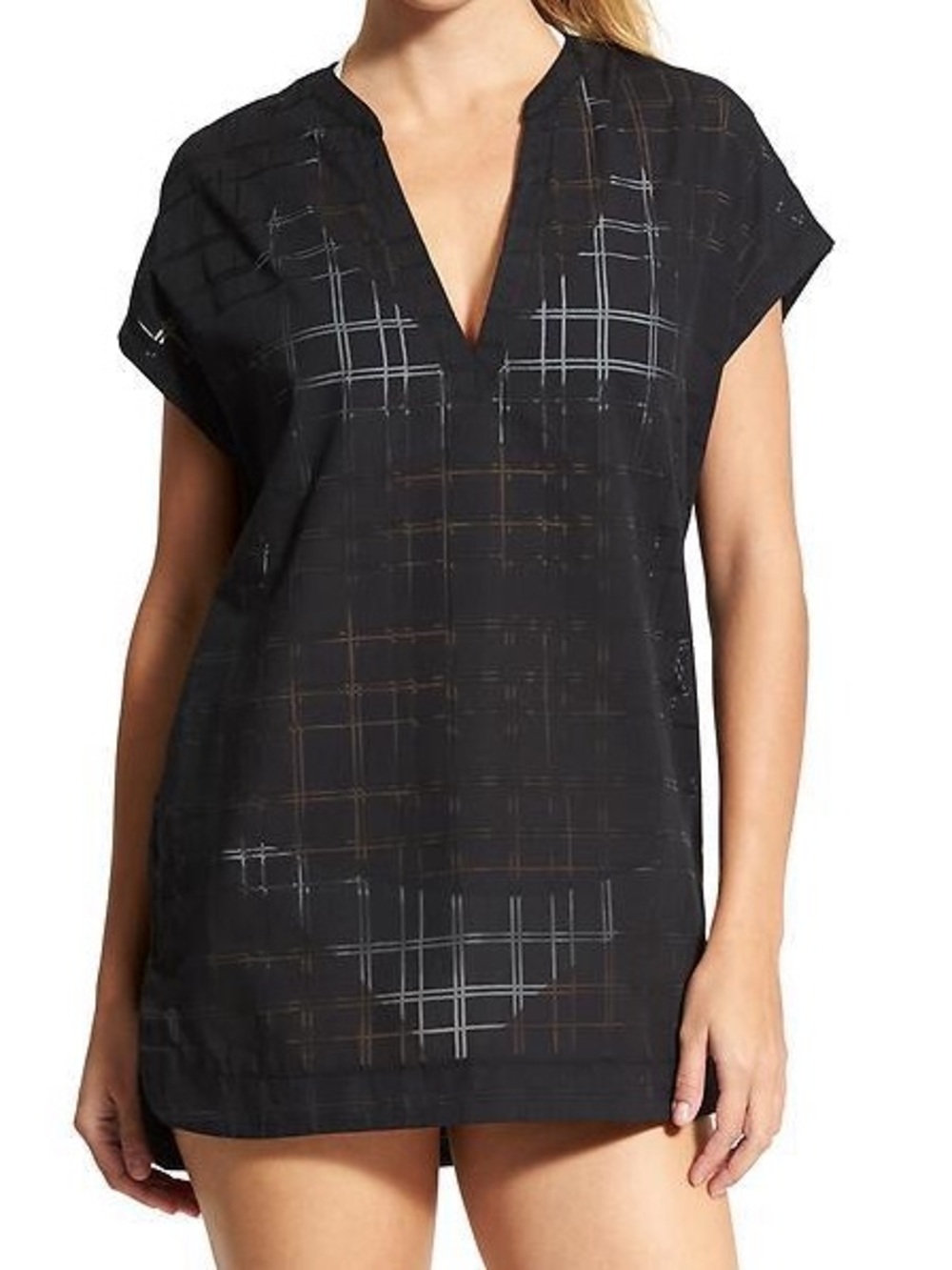 Athleta Windowpane Luxe Kaftan, Black - size Small